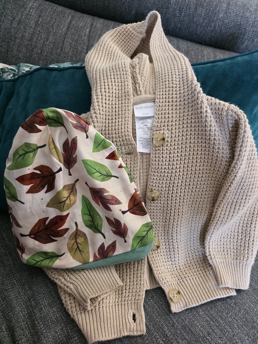 Neutral Beige Knit Baby Cardigan with Leaf-Print Beanie